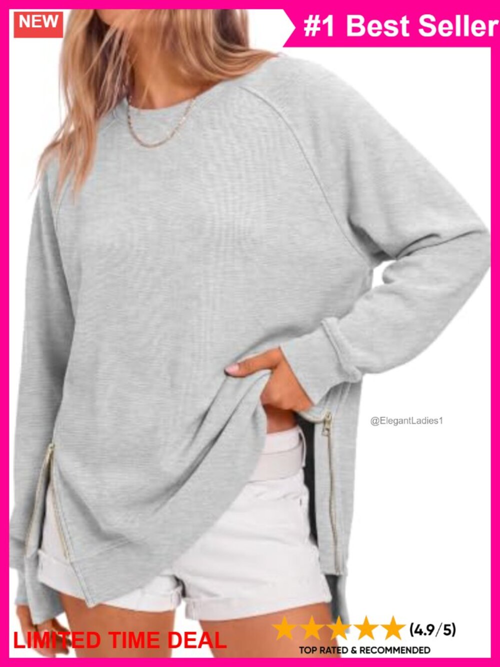 Oversized Crewneck Tunic Sweatshirt Side Zip Loose Fit Casual Pullover